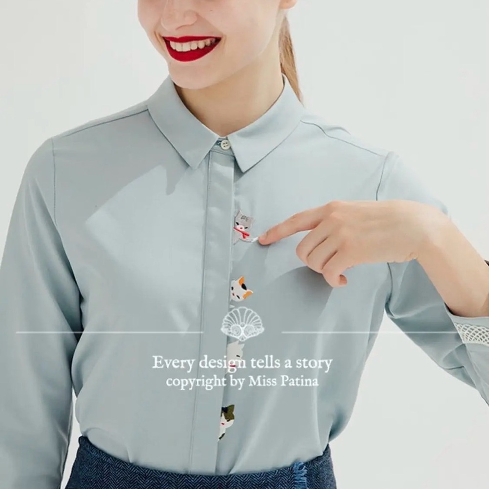 Miss Patina Cat Design Button Up Shirt